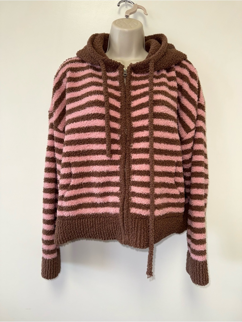 Butter Melon (Small) Brown and Pink Striped Super Soft Zip Up Jacket with Hood